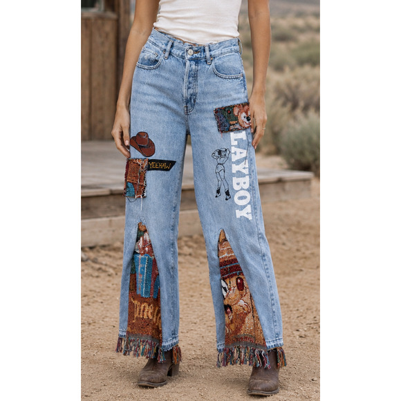 PacSun Denim - Playboy PacSun Reworked Upcycled Patchwork Denim Jeans Tapestry Boho Women's 27